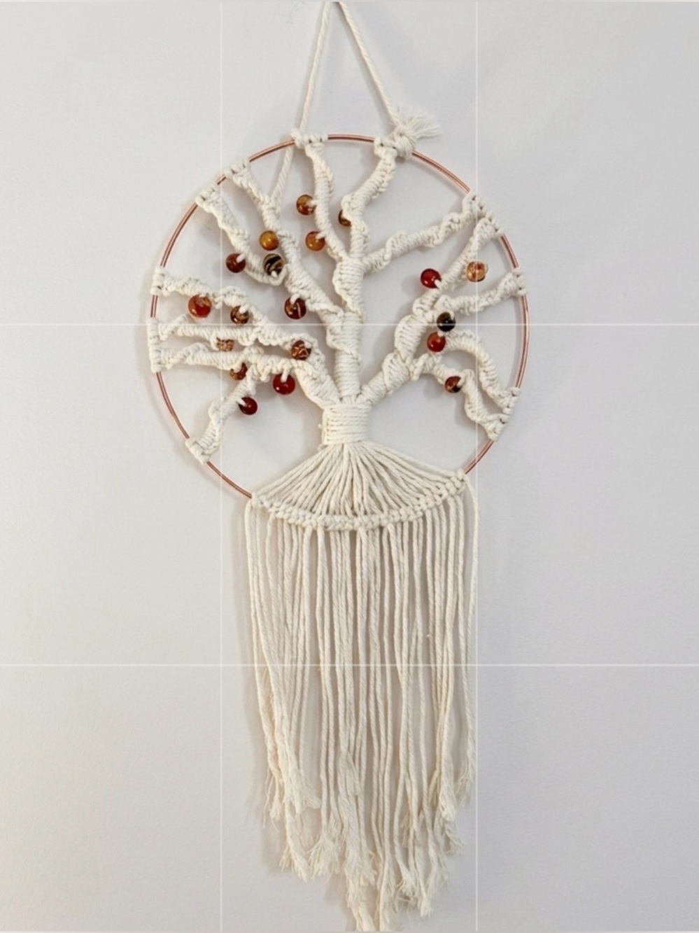 Handmade Cream Macramé Tree Wall Hanging with Amber Beads